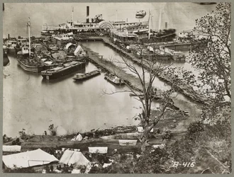 Voorzieningen lossen aan de James River, Virginia, 1865
